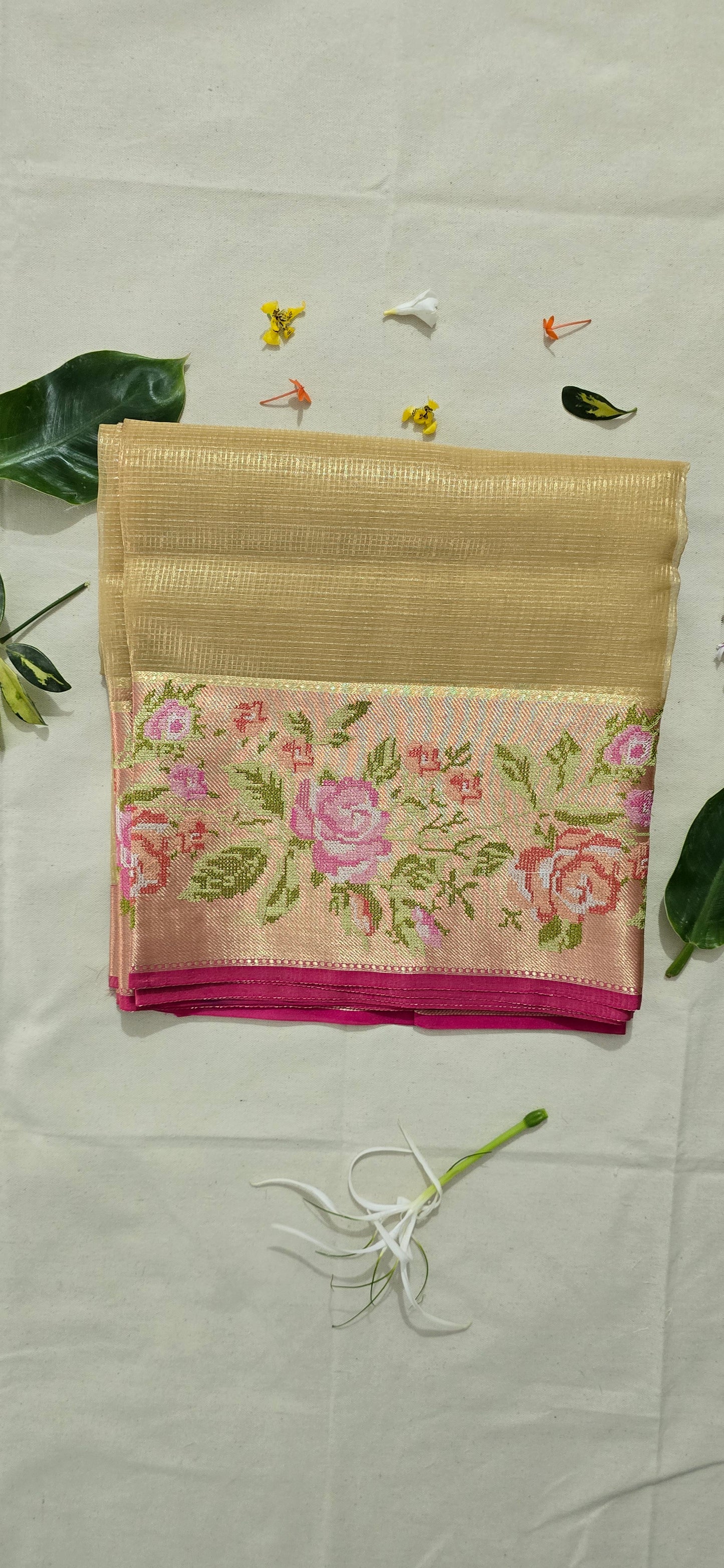 Golden Banarsi Saree with Cross-stitch work