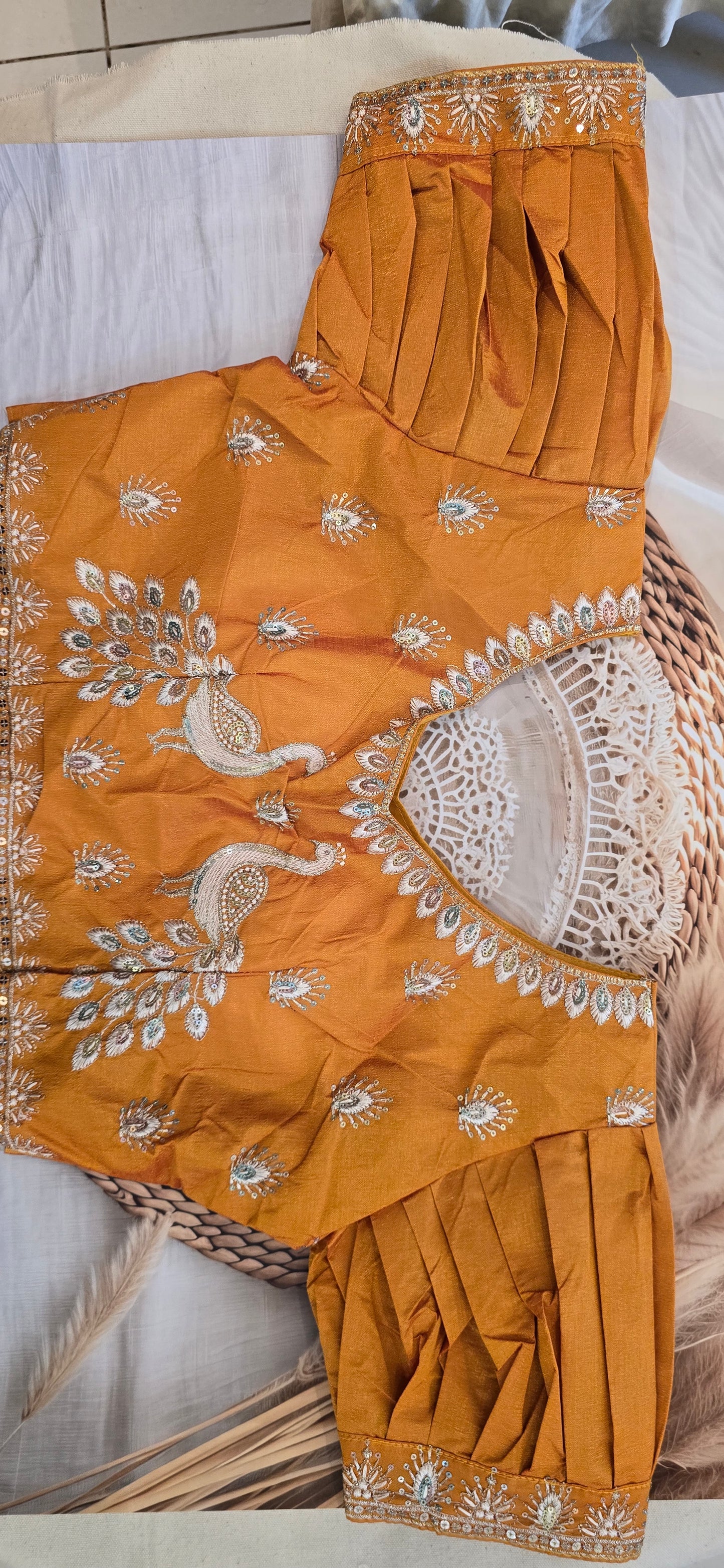 Vichitra Fabric Orange colored saree with puffed peacock design ready blouse