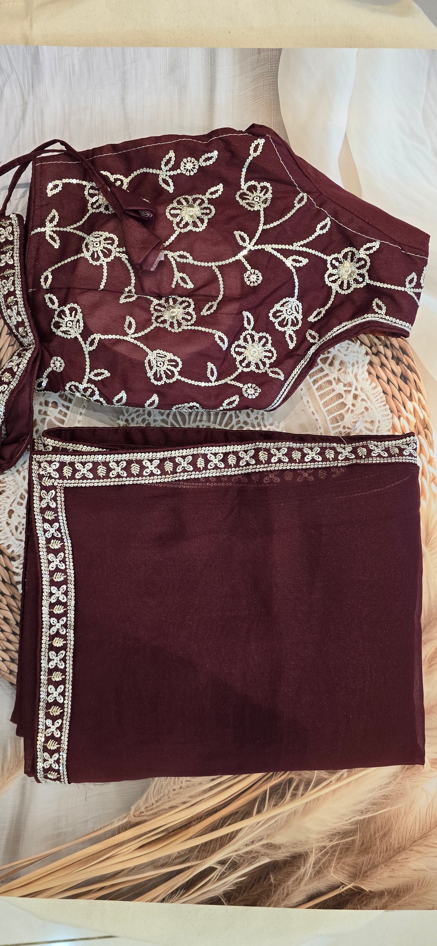 Wine Coloured saree with Stiched Blouse