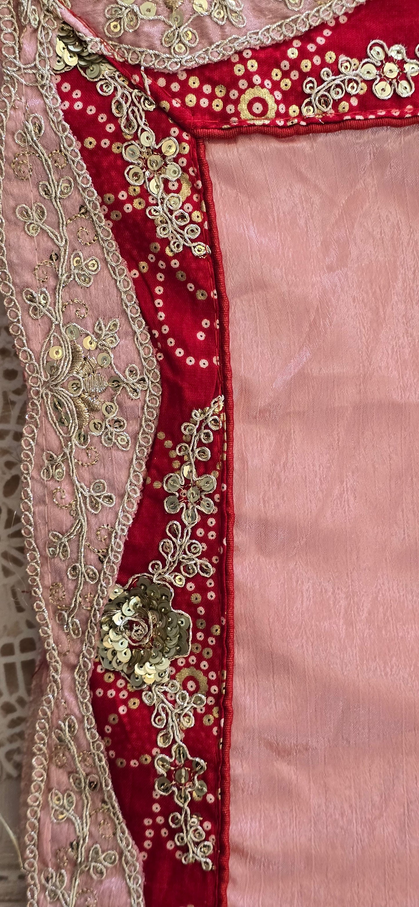 Pink scalloped saree with Red blouse