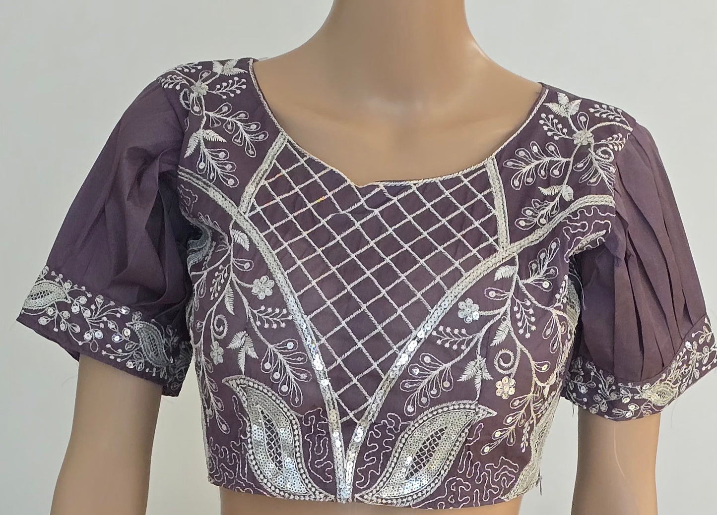 Jamun saree with embroidered puff sleeve blouse