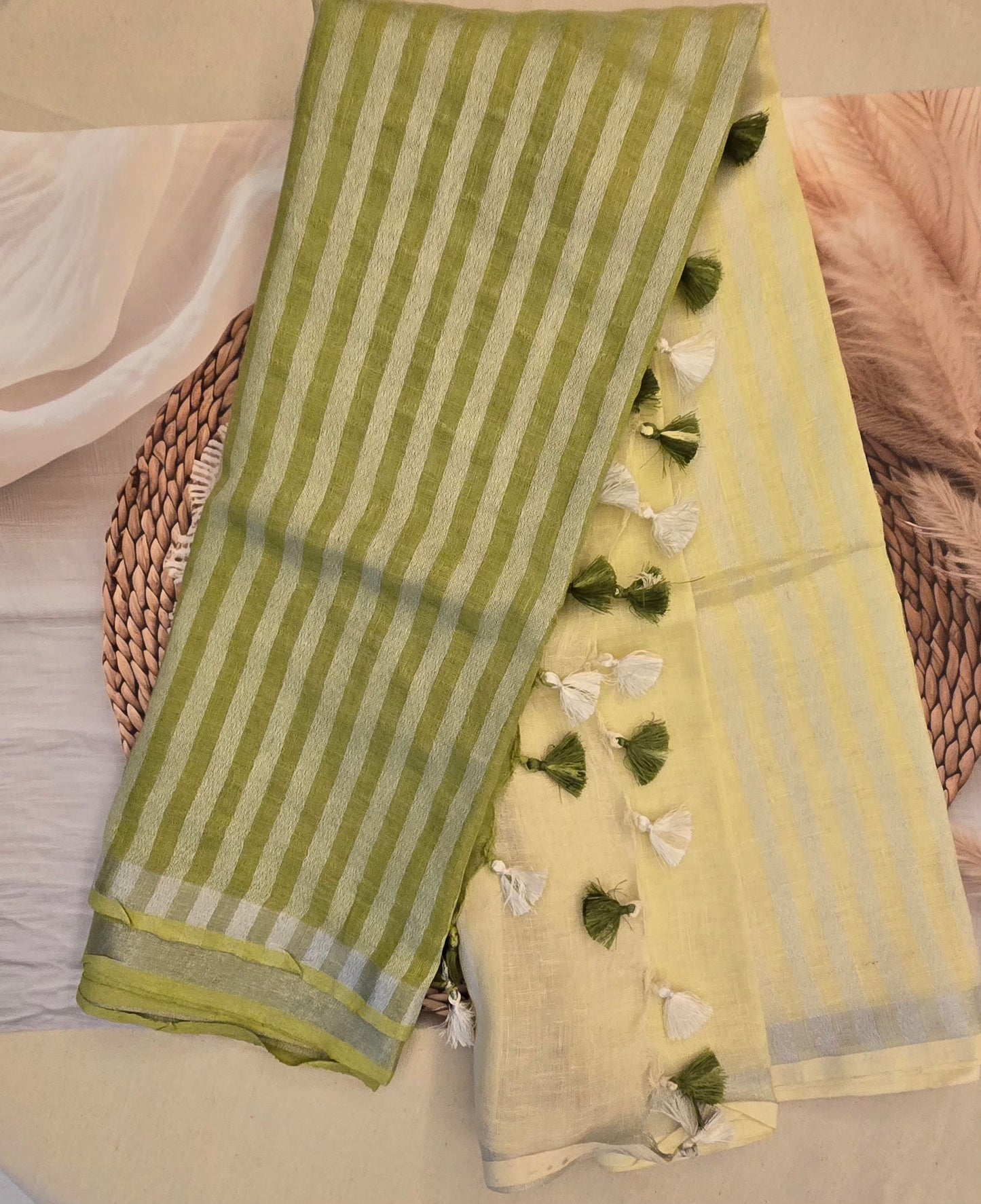 Green Linen Dual color Saree