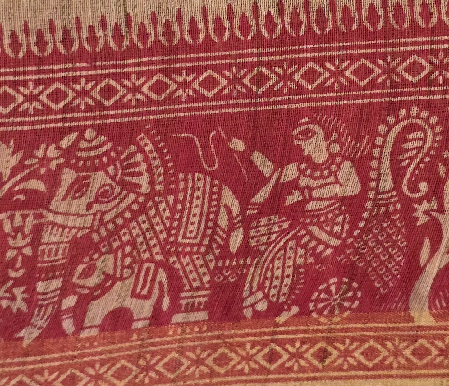 Beige and Red Semi Tussar Silk Madhubani Print saree