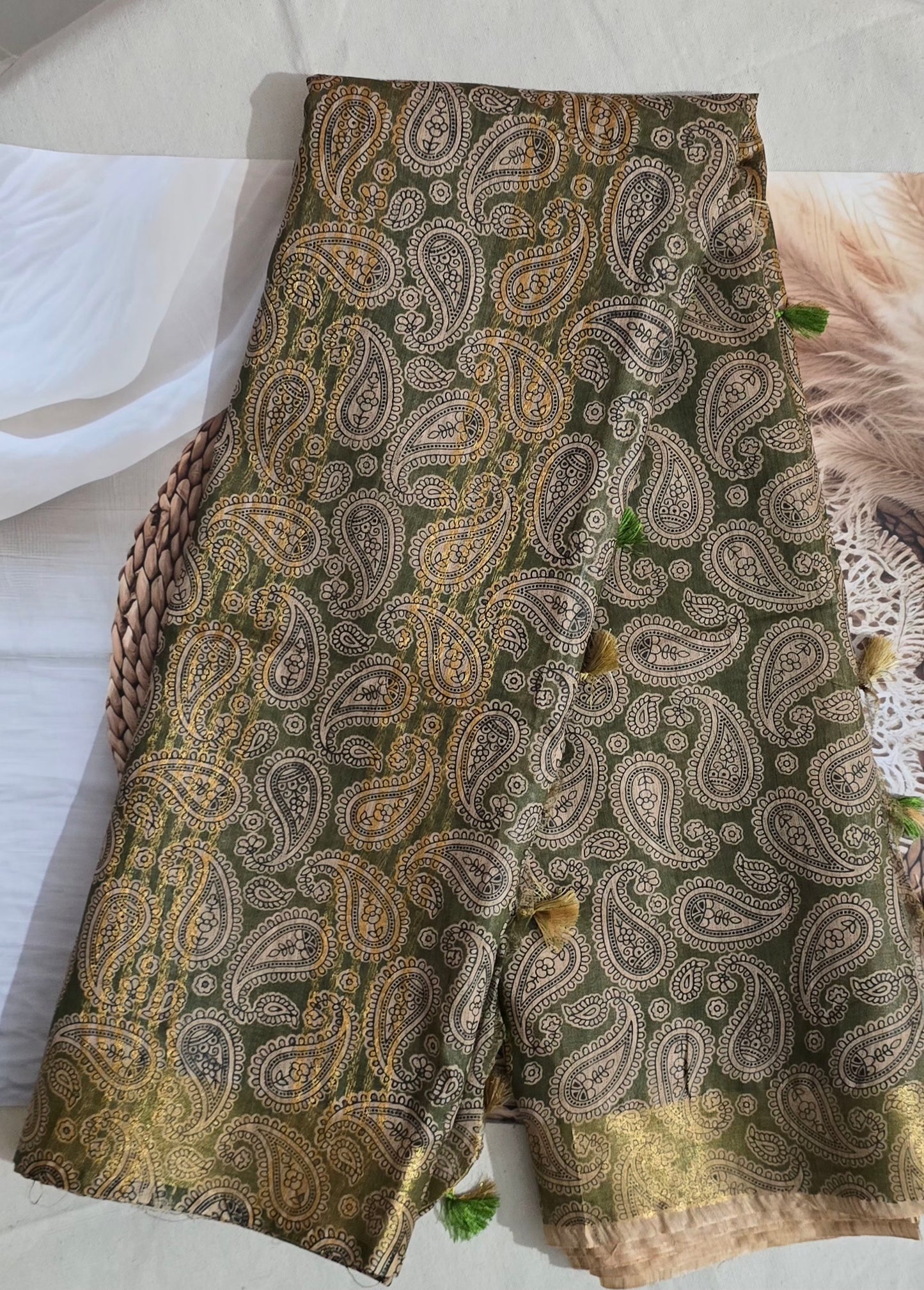 Mehendi Green Semi Tussar Silk Madhubani Print saree