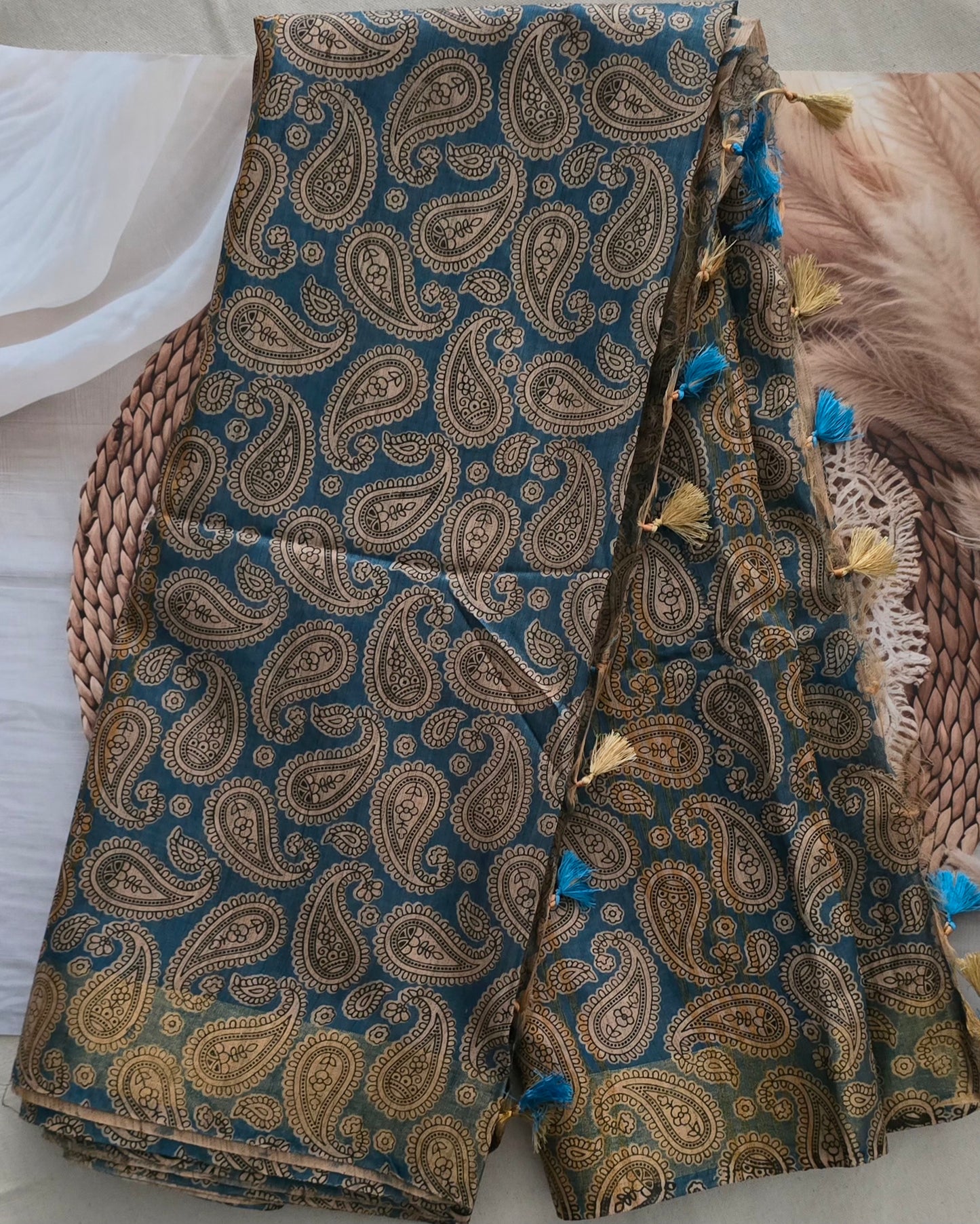 Blue floral Semi Tussar Silk Madhubani Print saree