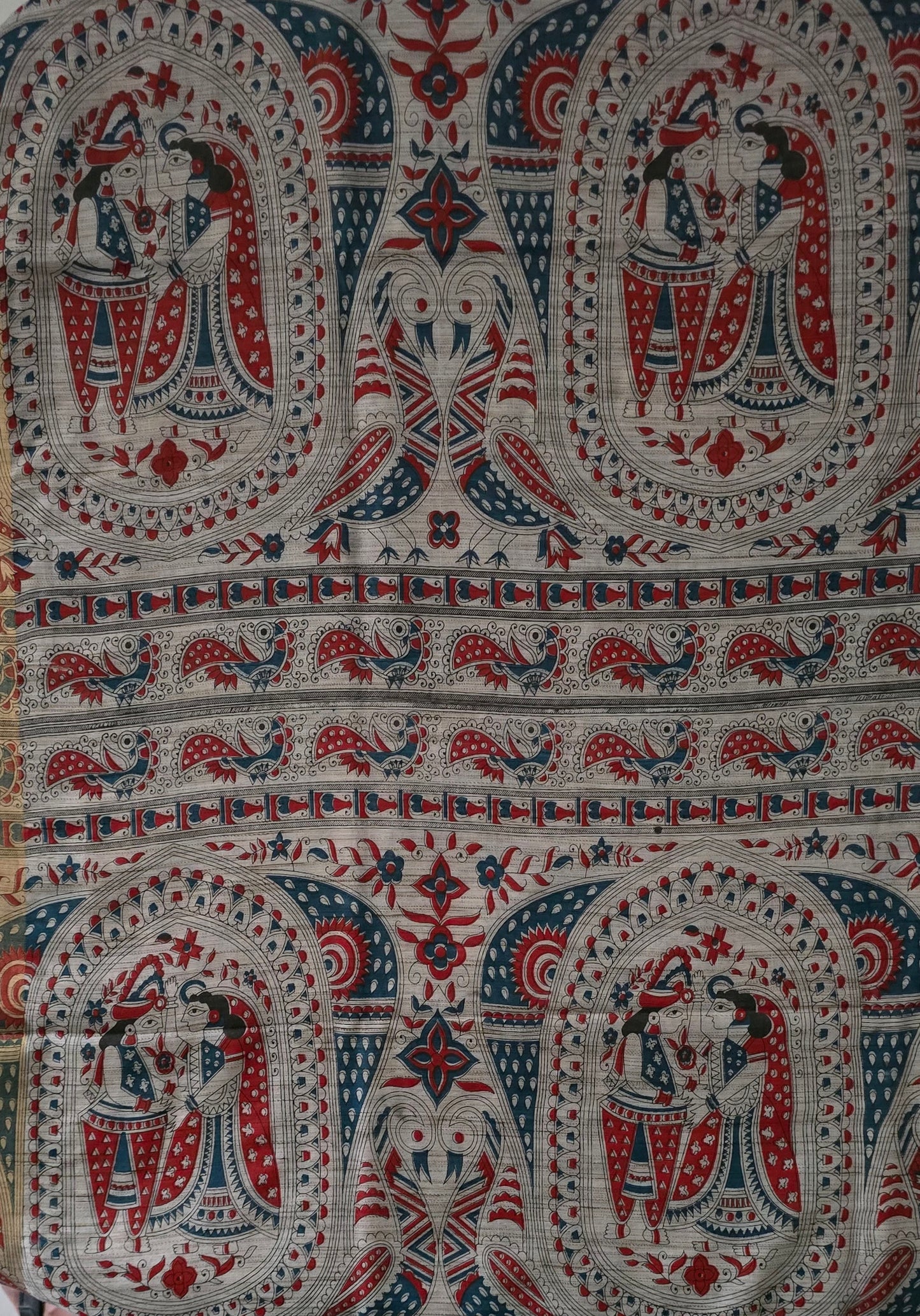 Green Red Semi Tussar Silk Madhubani Print saree