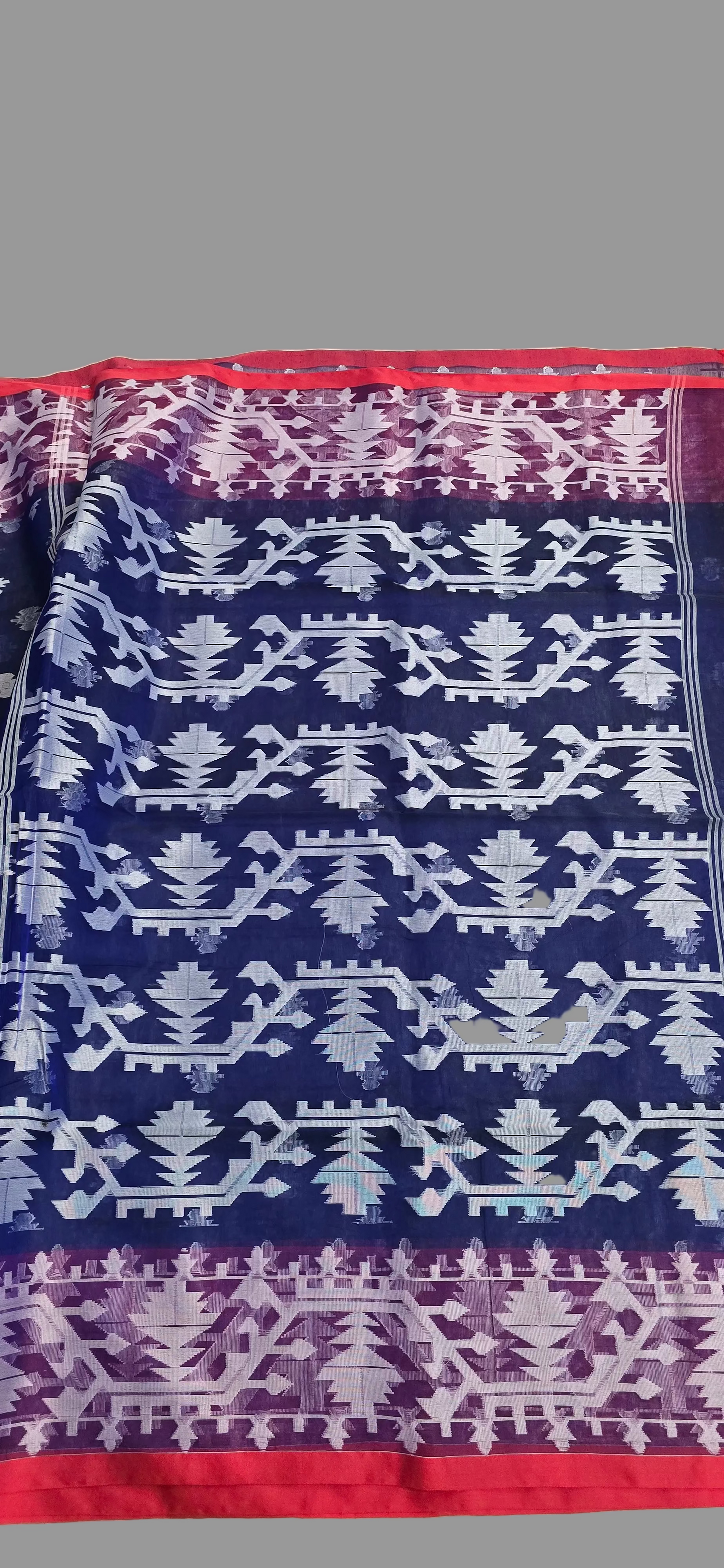 Blue Muslin Contrast Jamdani Saree