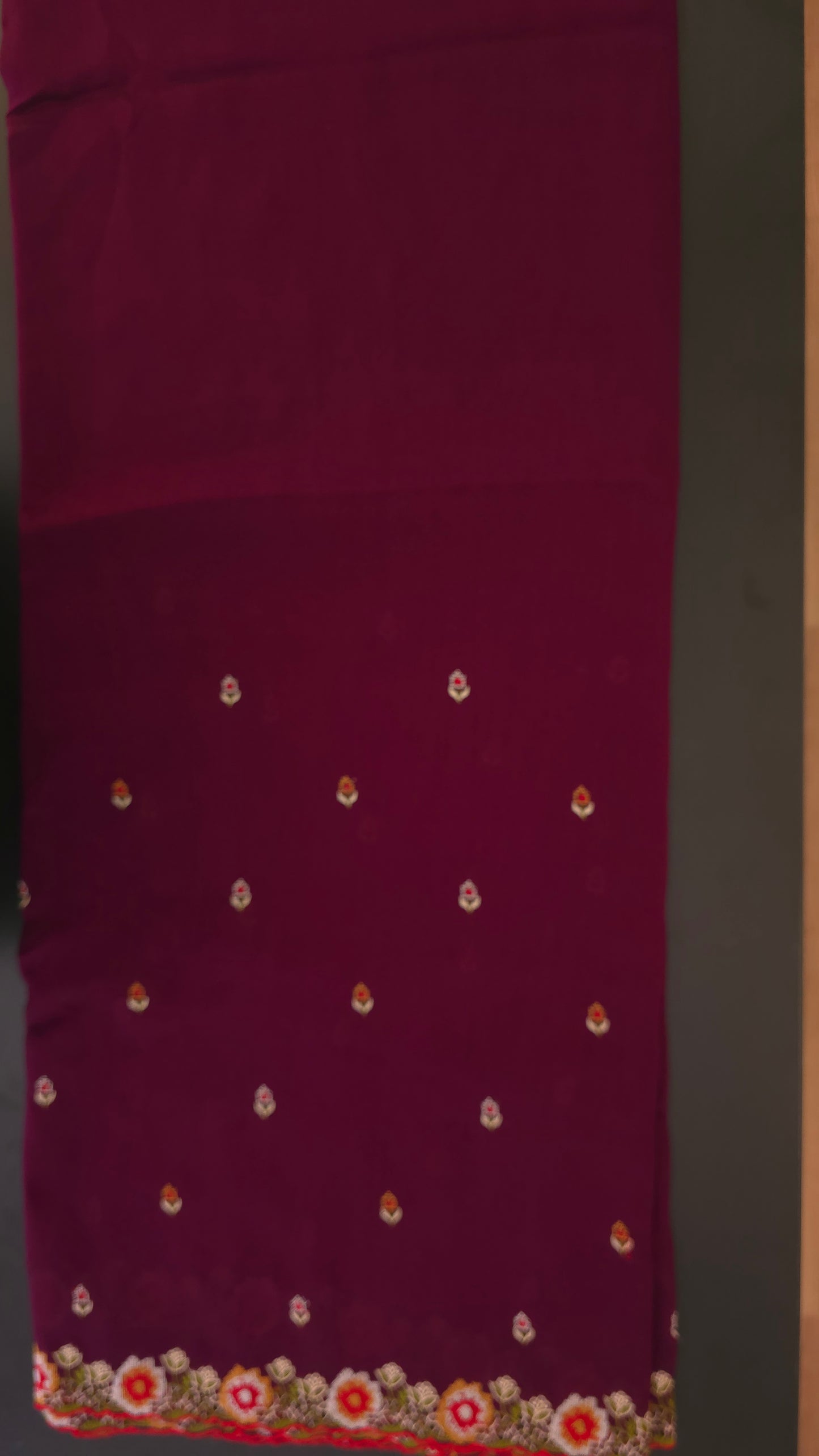 Wine Vichitra Silk flower Cutwork Embroidered border Saree