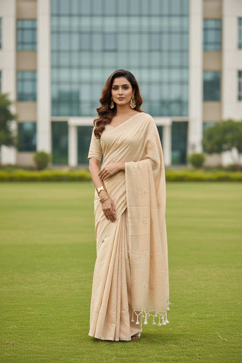 Beige Khadi Cotton Saree