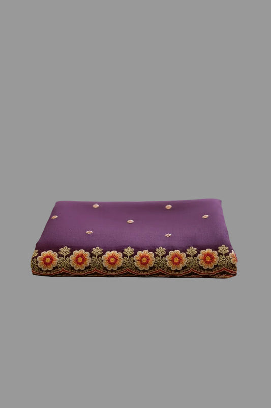 Wine Vichitra Silk flower Cutwork Embroidered border Saree