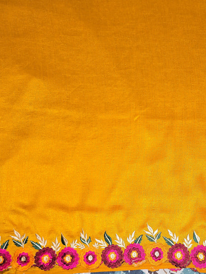 Mustard Vichitra Silk flower embroidered border Saree