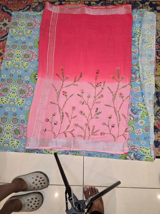 Pink Soft Linen Half and Half Saree