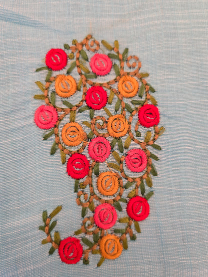 Blue  Linen embroidered Saree