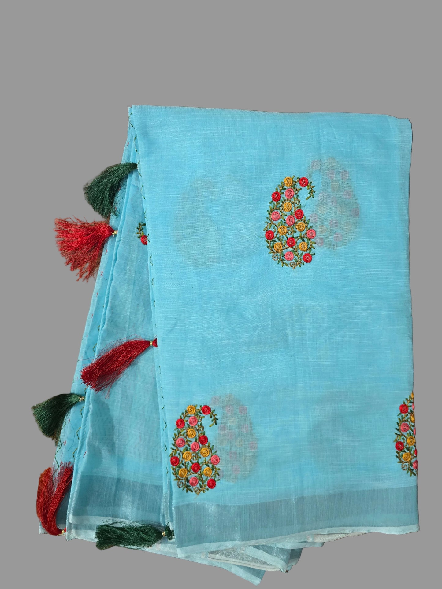 Blue  Linen embroidered Saree