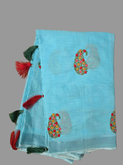 Blue  Linen embroidered Saree