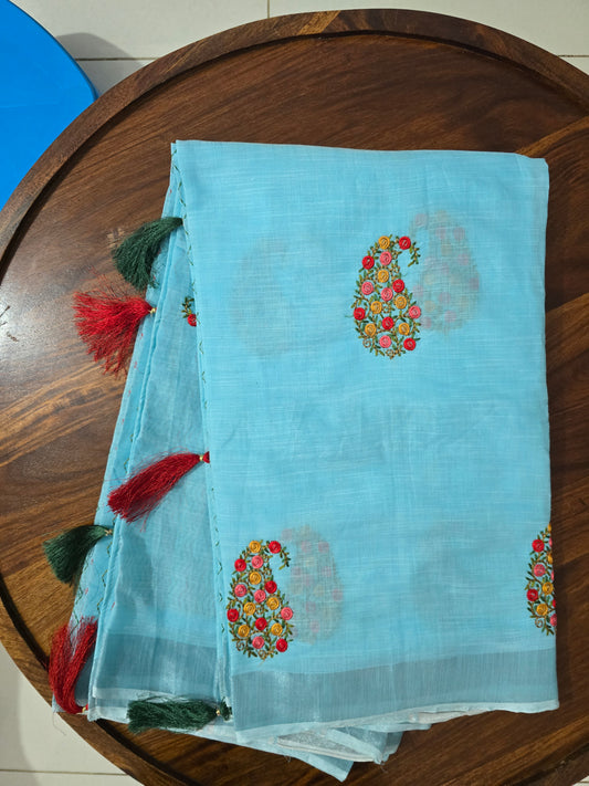 Blue  Linen leaf embroidered Saree