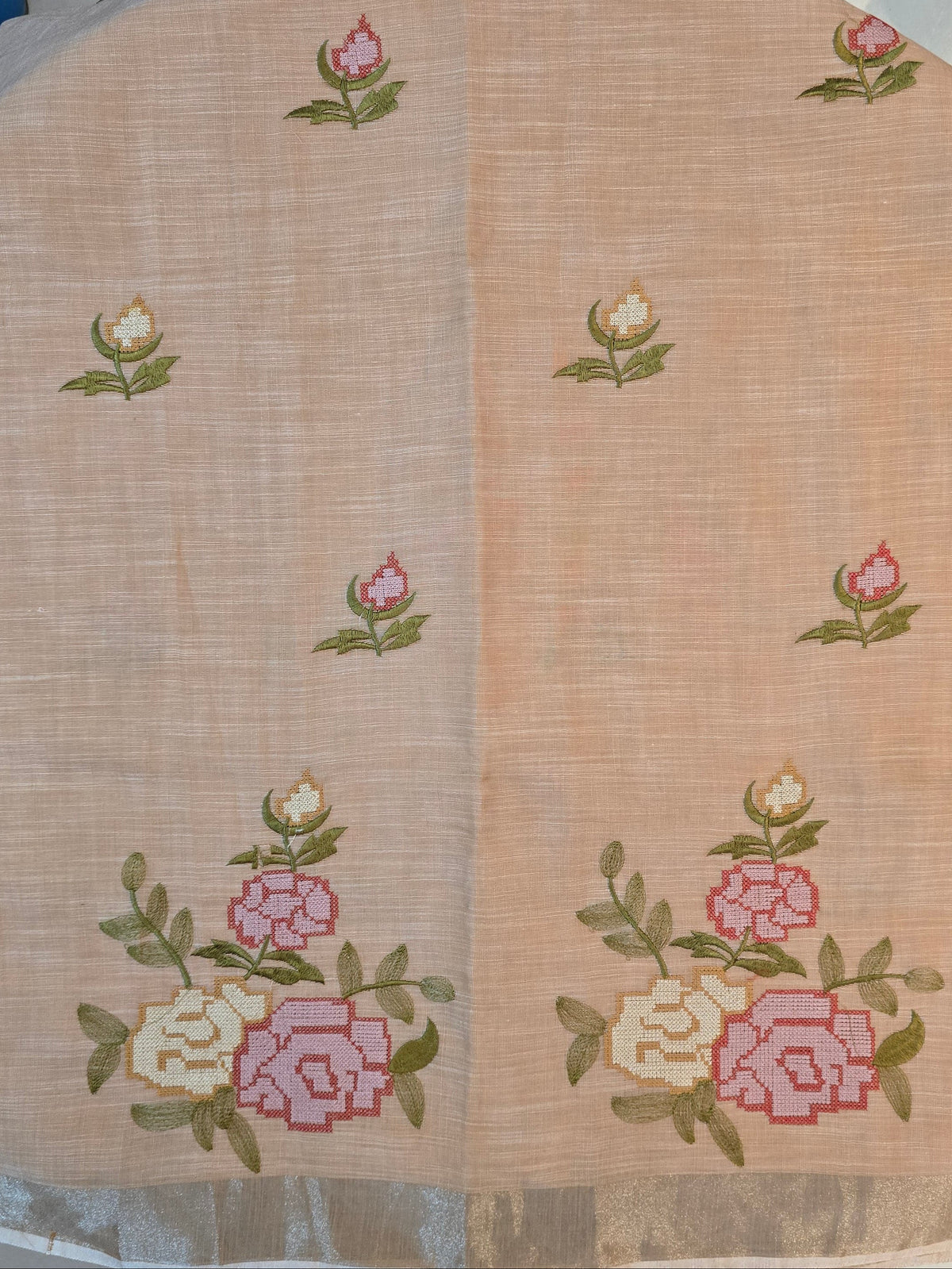 Beige Linen Big Cross stich Saree