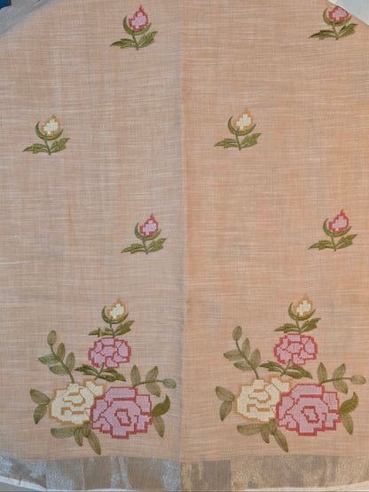 Beige Linen Big Cross stich Saree
