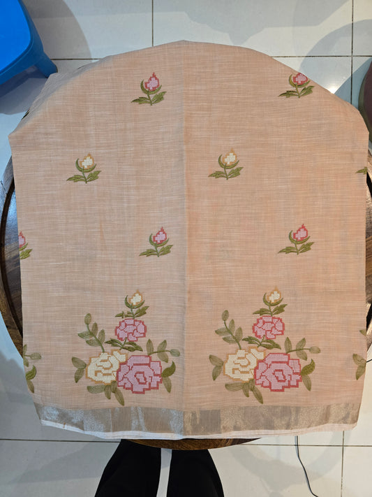 Brown Linen Big Cross stich Saree