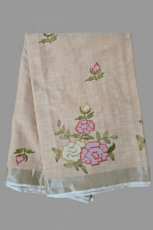 Brown Linen Big Cross stich Saree
