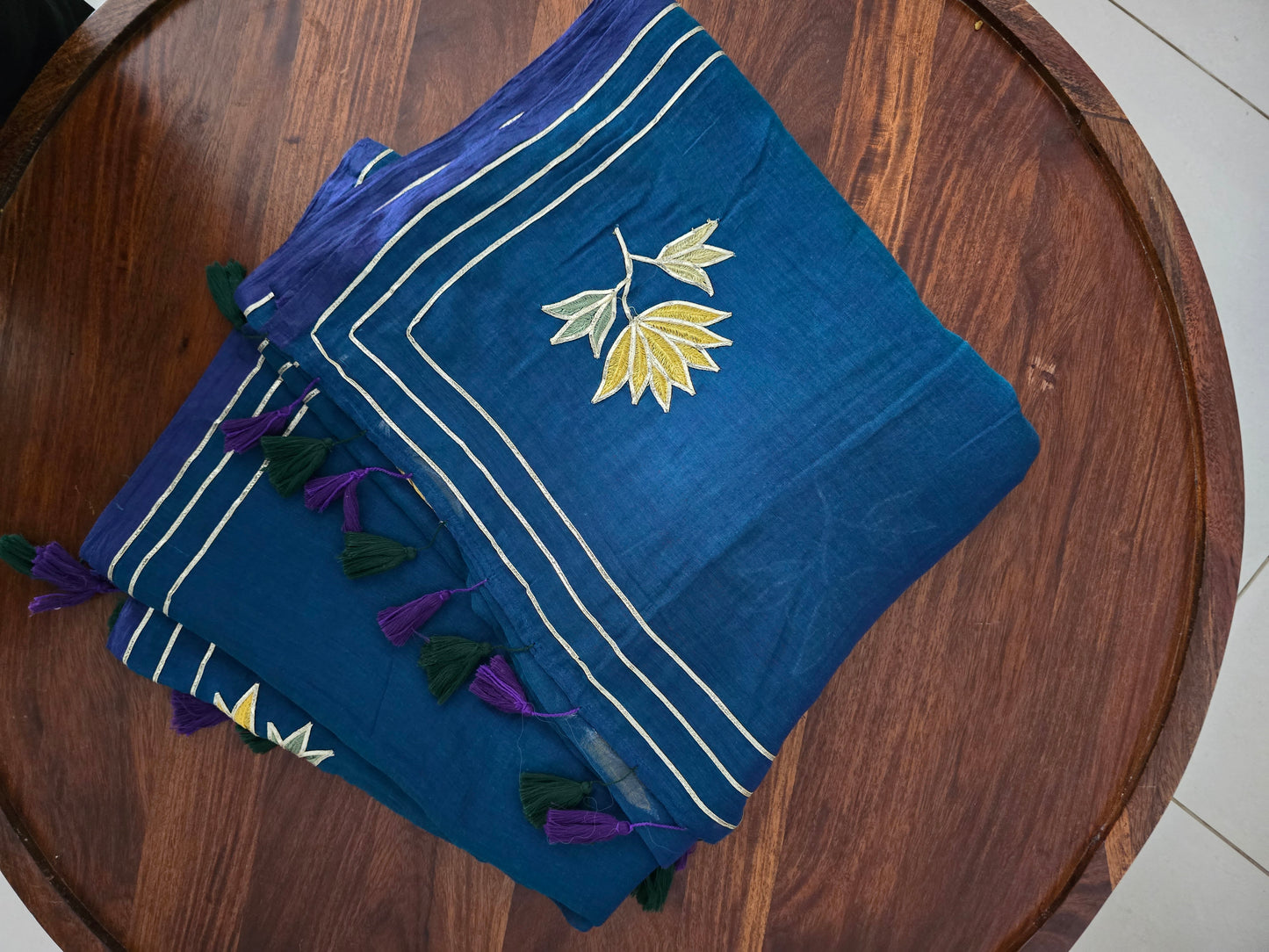 Blue Mul cotton Zardozi Saree
