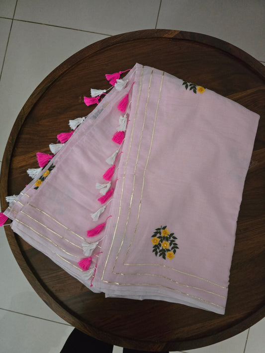Pink Mul cotton Zardozi Saree