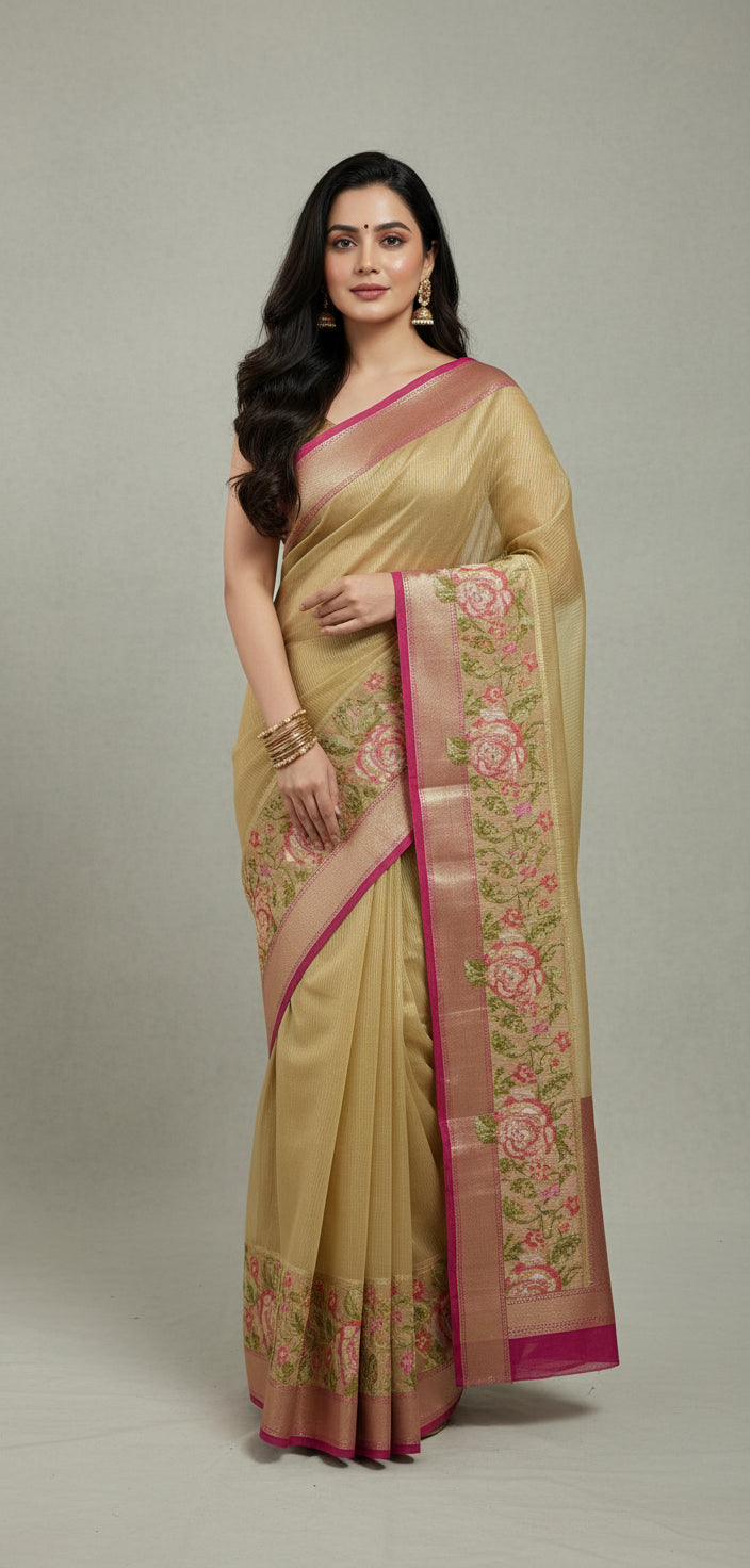 Golden Banarsi Saree  with Cross-stitch work