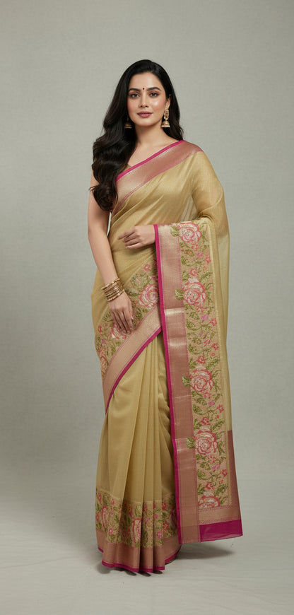 Golden Banarsi Saree  with Cross-stitch work