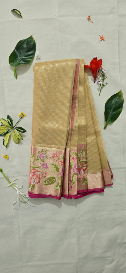 Golden Banarsi Saree  with Cross-stitch work