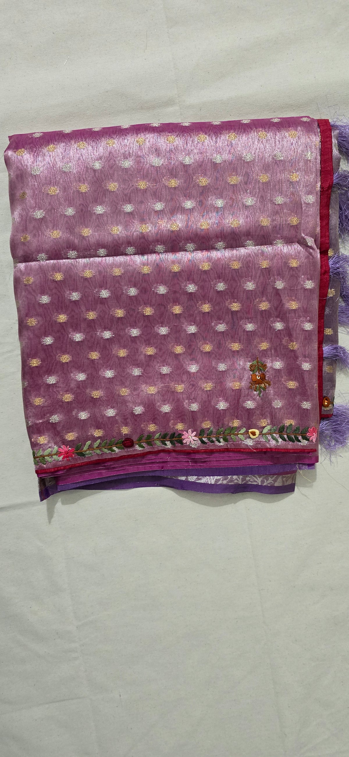 Purple and Pink Dual tone Banarsi Tissue Saree with French Knot Handwork with Jacquard blouse