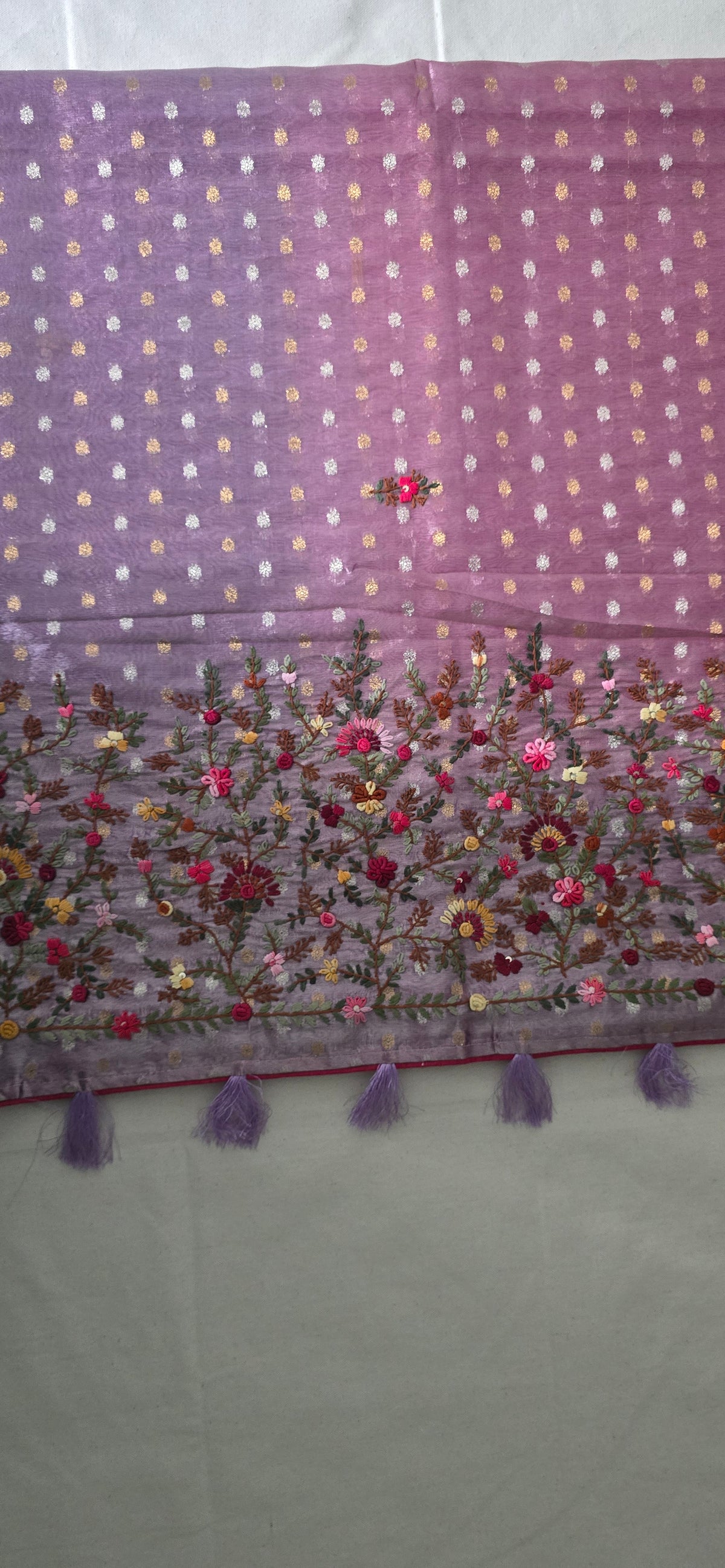 Purple and Pink Dual tone Banarsi Tissue Saree with French Knot Handwork with Jacquard blouse