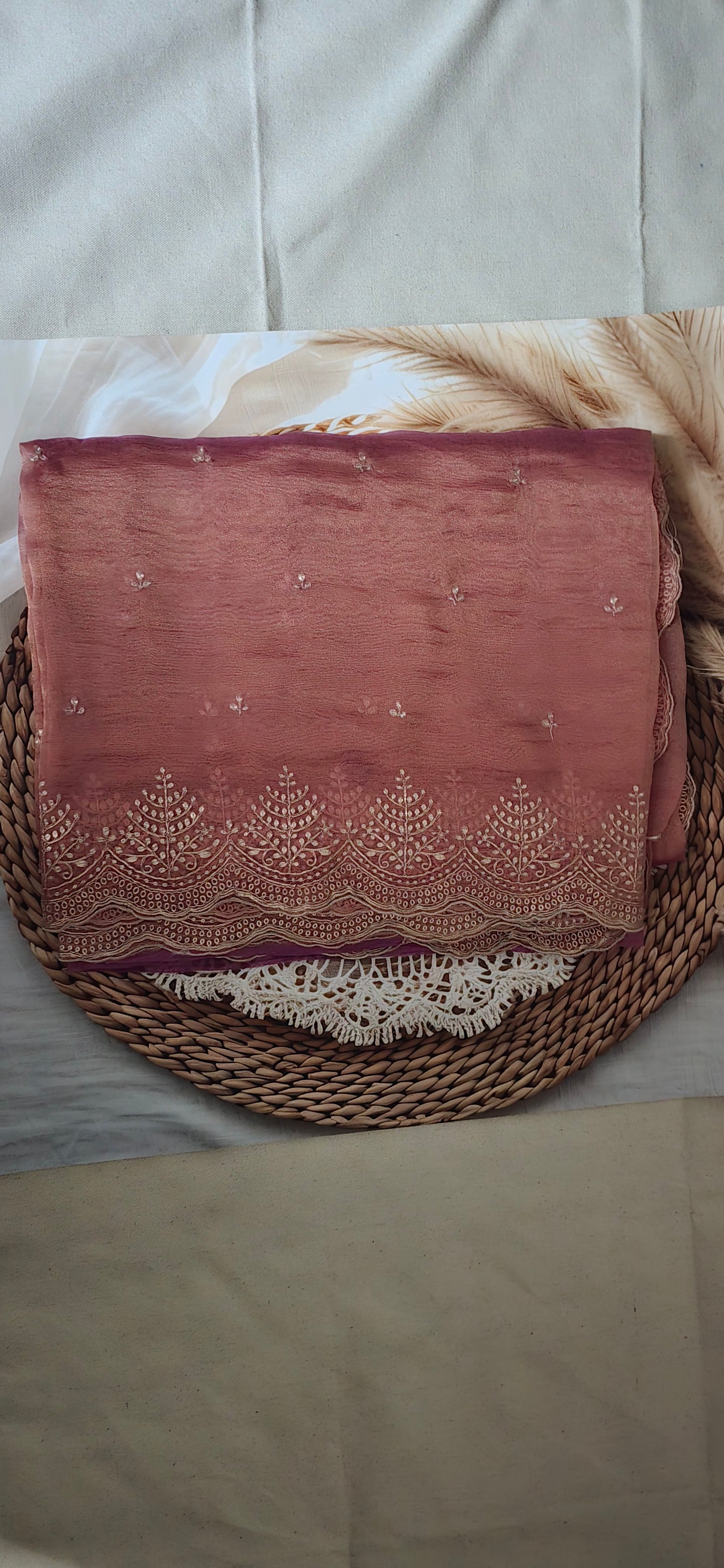 Pink Glass Tissue Saree with Pita Zari work with scalloped border
