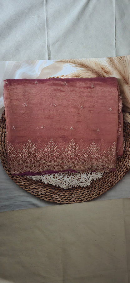 Pink Glass Tissue Saree with Pita Zari work with scalloped border