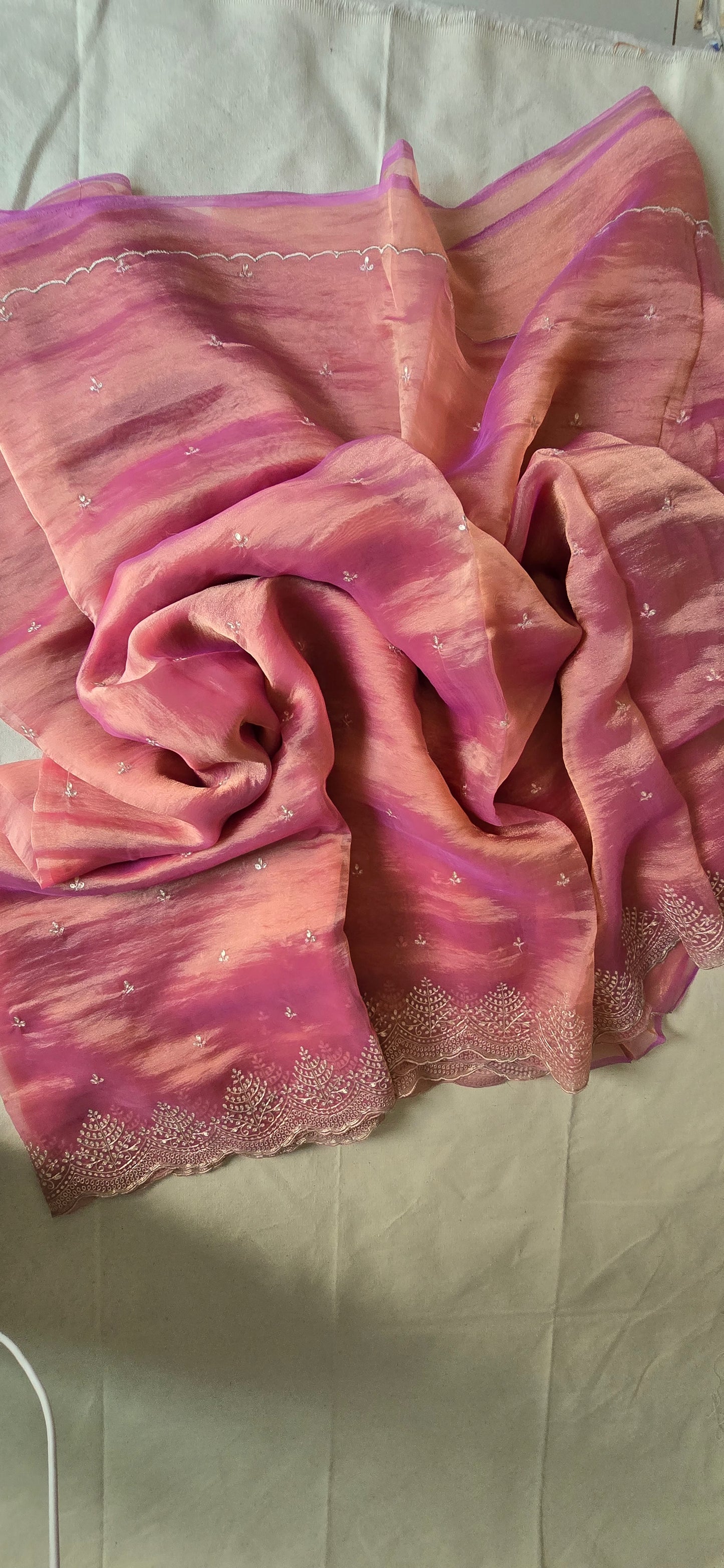 Pink Glass Tissue Saree with Pita Zari work with scalloped border