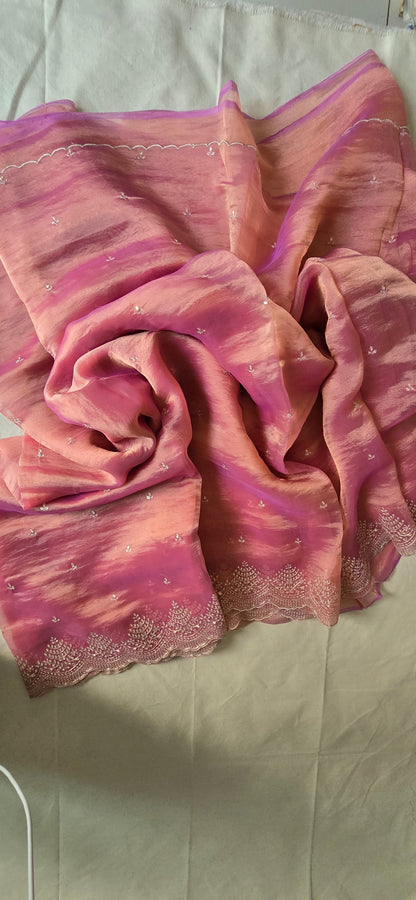 Pink Glass Tissue Saree with Pita Zari work with scalloped border