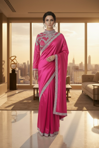 Rani Pink Saree with pearl work blouse with full sleeves