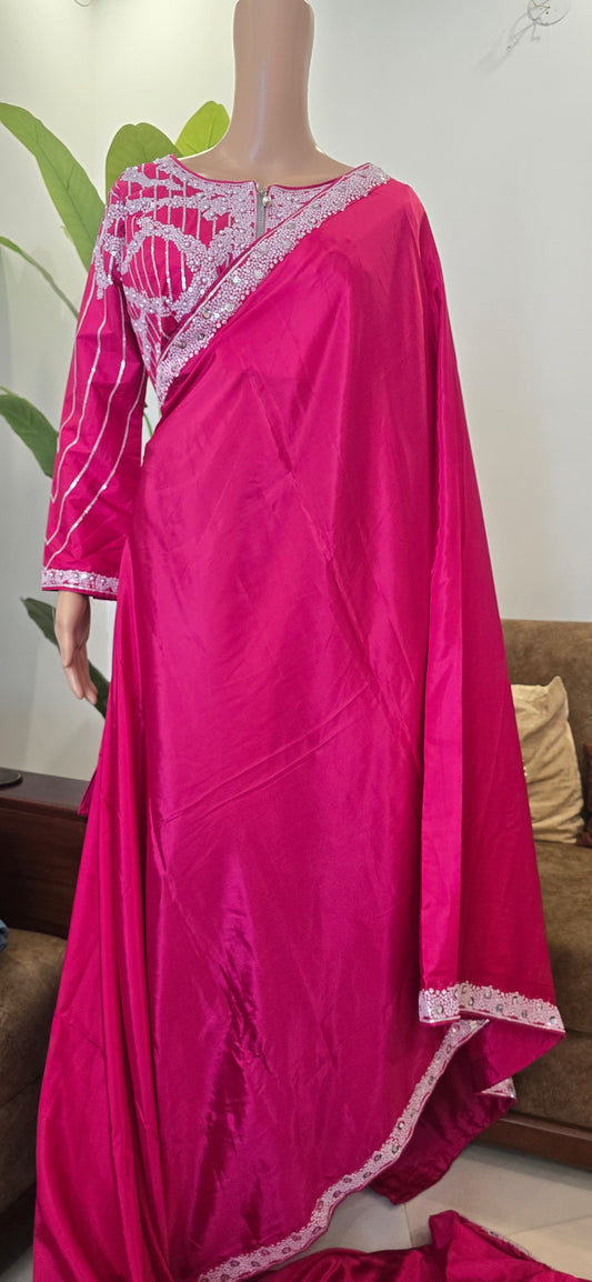 Rani Pink Saree with pearl work blouse with full sleeves