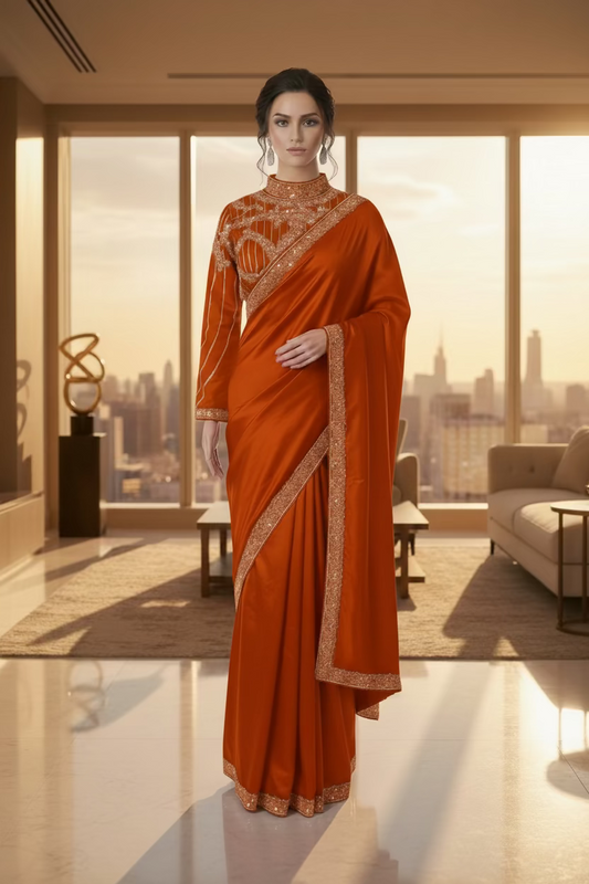 Burnt Orange Saree with Stiched Blouse