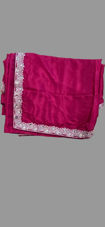 Rani Pink Saree with pearl work blouse with full sleeves