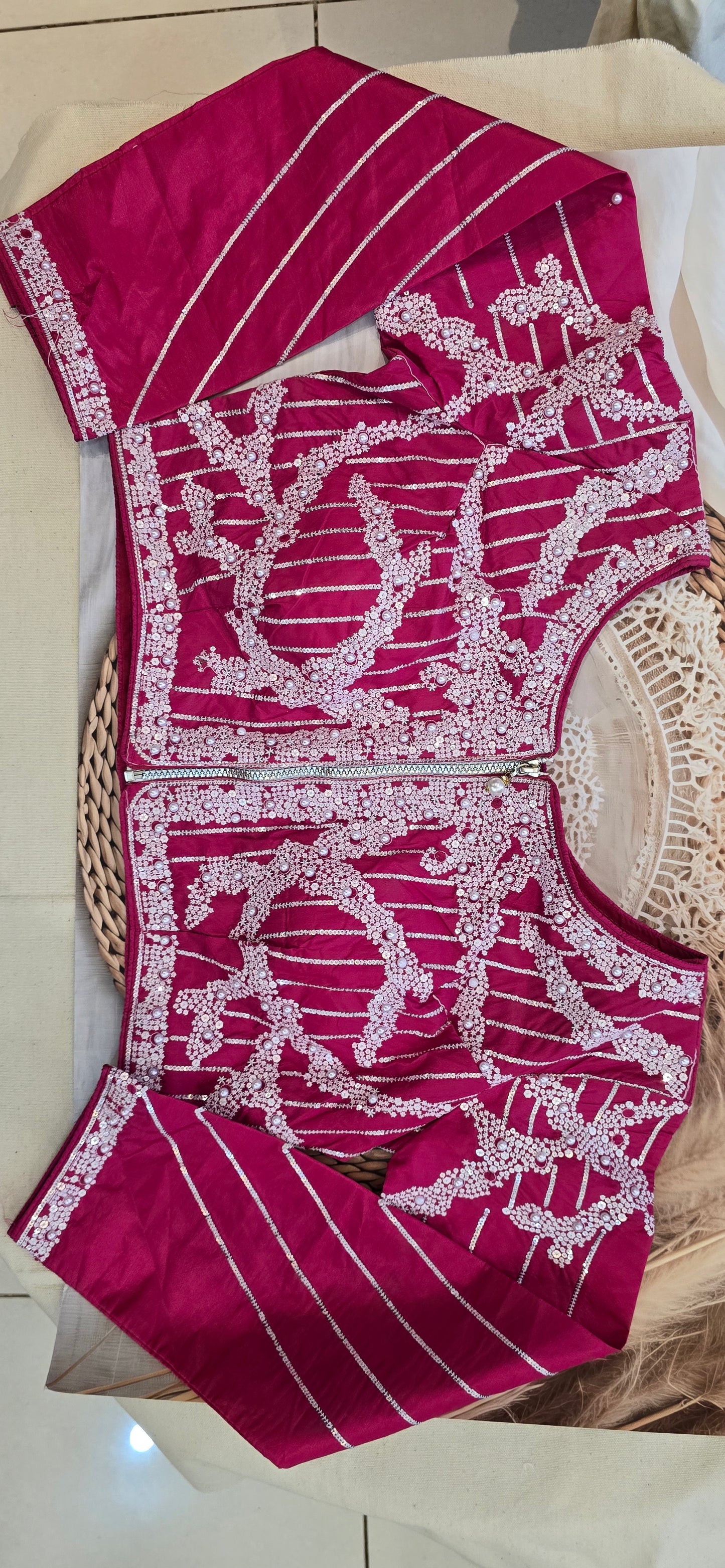 Rani Pink Saree with pearl work blouse with full sleeves