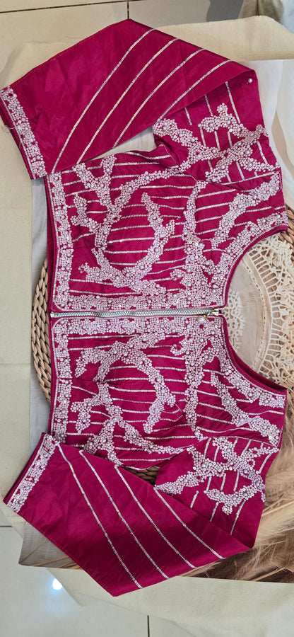 Rani Pink Saree with pearl work blouse with full sleeves