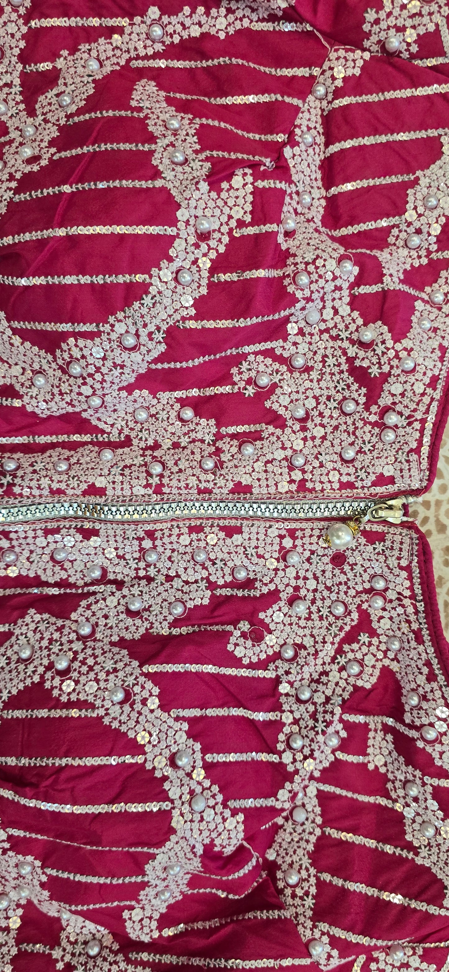 Rani Pink Saree with pearl work blouse with full sleeves