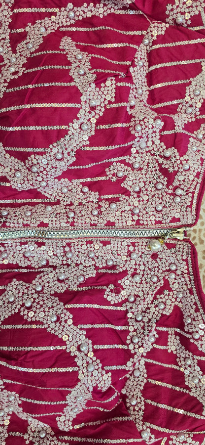 Rani Pink Saree with pearl work blouse with full sleeves