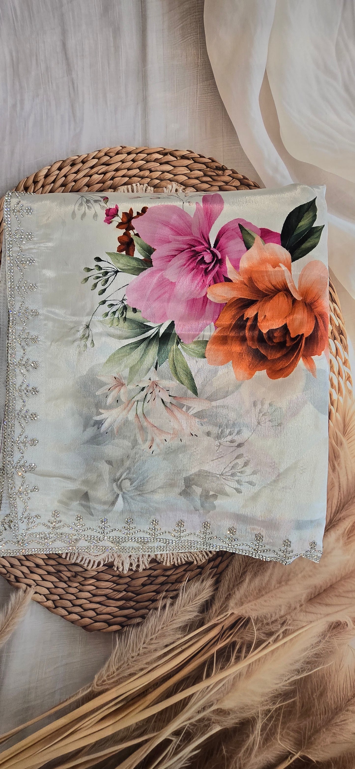White Chinon digital printed jarkan  Saree