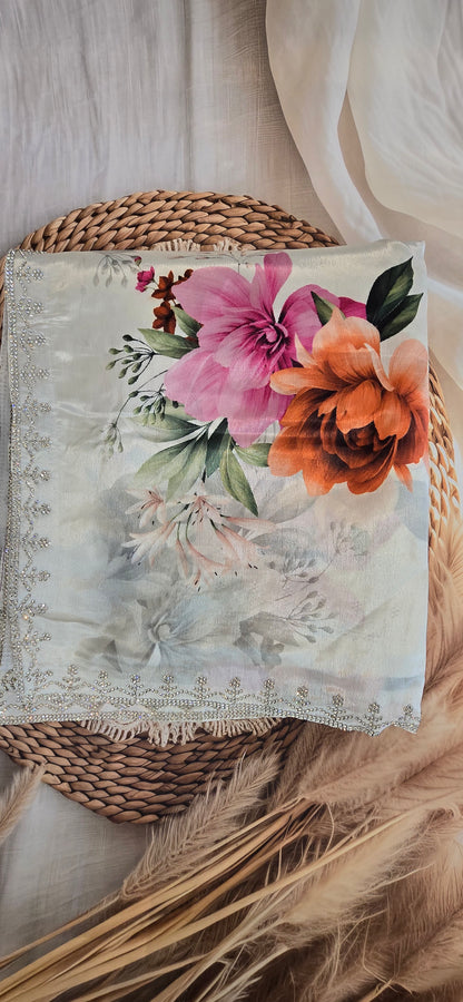 White Chinon digital printed jarkan  Saree