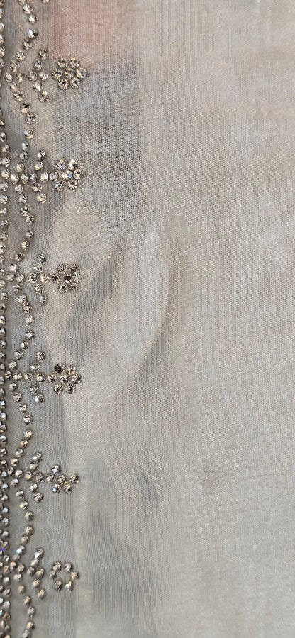 White Chinon digital printed jarkan  Saree