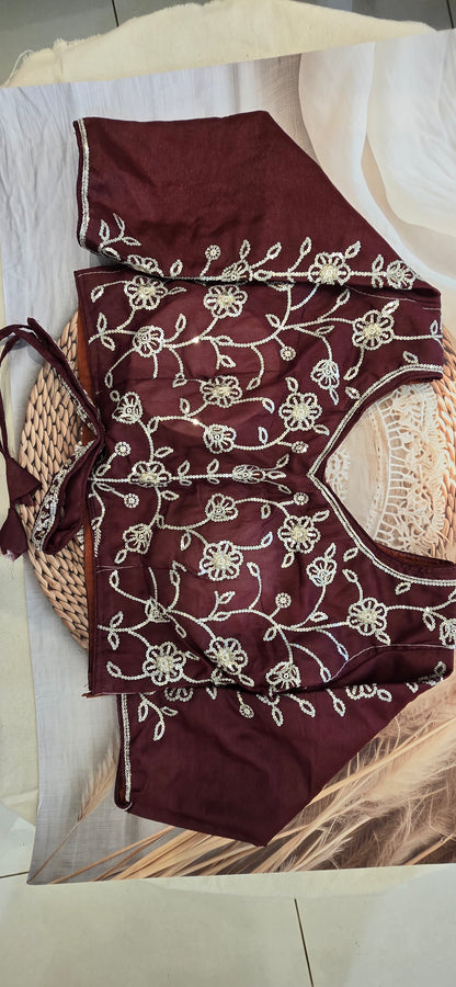 Wine Coloured saree with Stiched Blouse