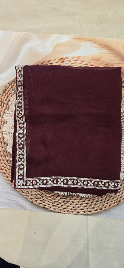Wine Coloured saree with Stiched Blouse
