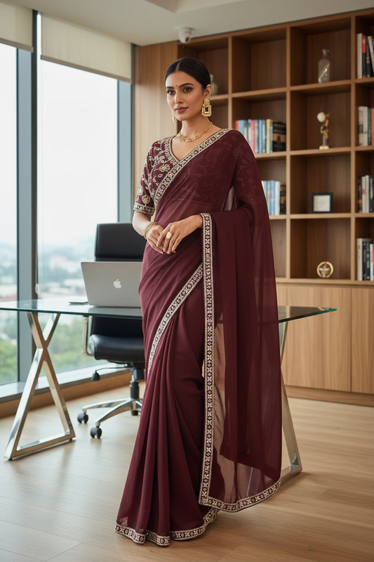 Wine Coloured Saree with embroidered blouse