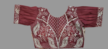 Wine saree with Puffed blouse